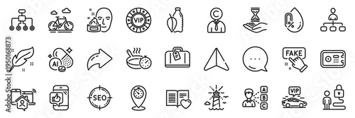 Lighthouse, Vip transfer and Frying pan line icons pack. Share, Message, Paper plane icons. Management, Face cream, Time hourglass web icon. Seo, Fake information, Timer pictogram. Vector