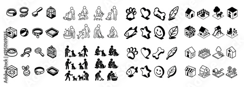 Pet care icons with bowl paw bone outline