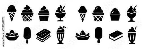 Dessert icons with ice cream cone sundae minimal black