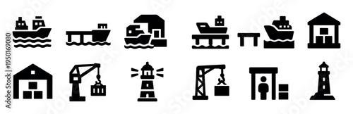 Marine icons with ship crane warehouse bold