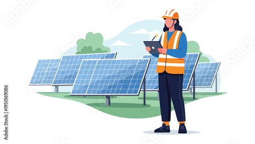 Green Energy Inspector: A dedicated inspector meticulously surveys a solar panel field, ensuring efficient energy generation and a sustainable future. 