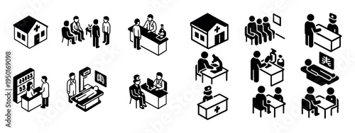 Medical icons with doctor patient desk outline