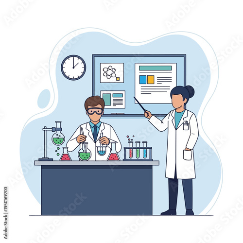 Scientists in lab coats conducting experiment with flasks and beakers, teaching science