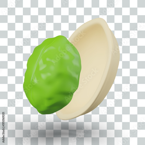 Peeled green pistachio, shell. Realistic raw walnut closeup. Nutritious healthy food