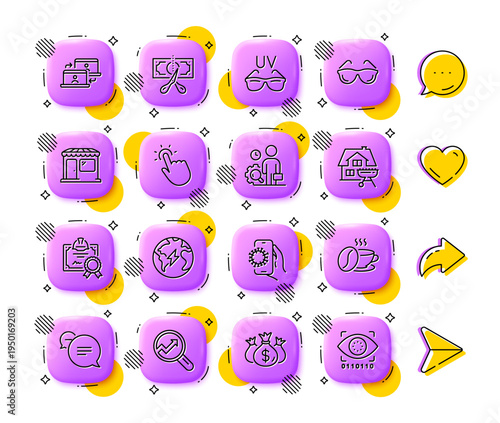 Check investment, Sunglasses and Covid app line icons. App 3d buttons. Social media comment, share, like icons. Pack of Market, Analytics, Outsource work icon. Vector
