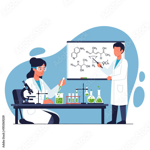 Scientists in lab coats conducting experiment, chemistry formulas on whiteboard