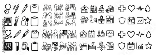 Medical icons with stethoscope syringe and hospital outline
