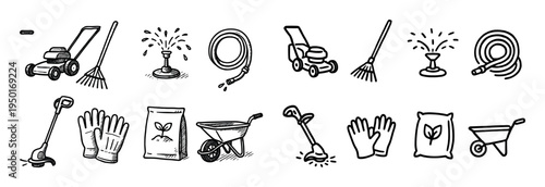 Gardening icons with mower rake hose outline
