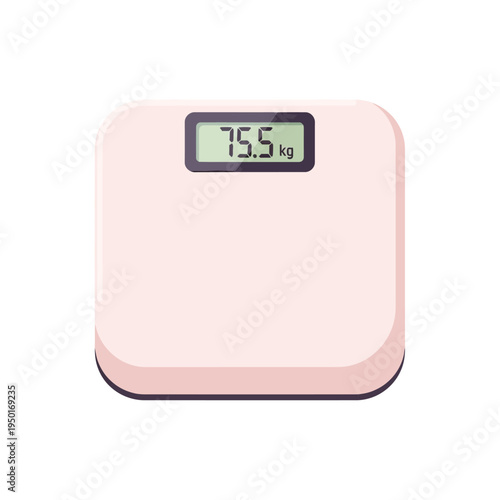 A vector graphic of a pink digital scale displays weight reading on screen