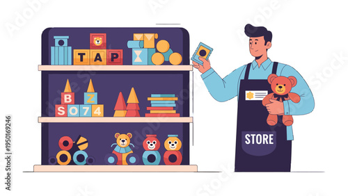 Toys Store Illustration: A cheerful store owner, surrounded by colorful building blocks and a charming teddy bear.