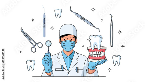 Dental Professional's Precision: A skilled dentist, wearing a mask and gloves, showcases essential dental tools and models, highlighting oral health and expertise.