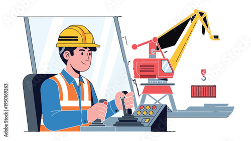 Crane Operator at Work: A diligent crane operator, donned in a safety helmet, masterfully maneuvers the controls.