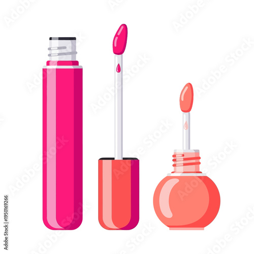 Vector illustration of three lip gloss tubes with applicators on a white background showcasing pink and peach colors.