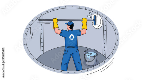 Water Tank Maintenance: A diligent worker wearing gloves and a cap meticulously cleans a water tank with a squeegee, showcasing the importance of sanitation and safety.