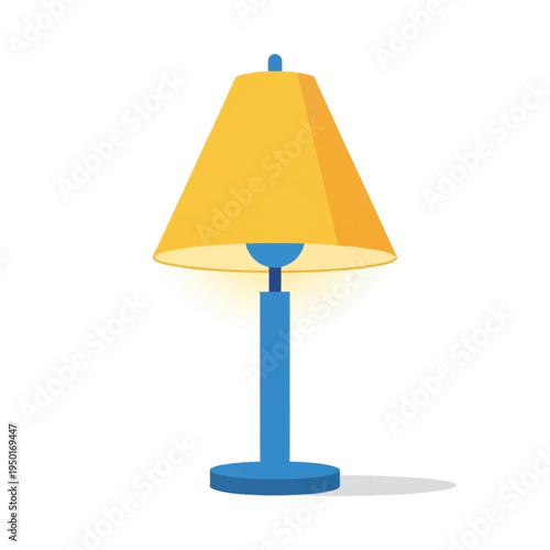 A vector illustration of a lamp with a yellow shade and blue base stands on a table indoors.