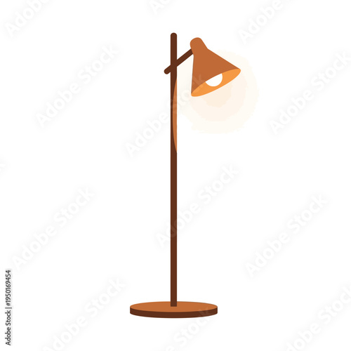 A vector graphic illustration of a standing lamp with a conical shade emits warm light on a circular base indoors.
