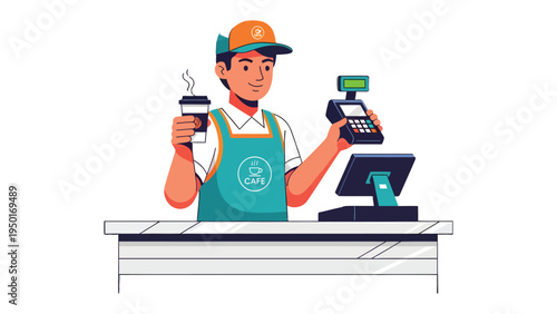 Barista's Warm Welcome: A barista, radiating warmth, stands behind the counter of a cozy cafe, offering a fresh cup of coffee and ready to assist with a friendly smile.