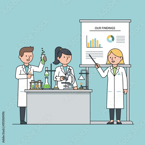 Scientists in lab presenting research findings with charts and equipment