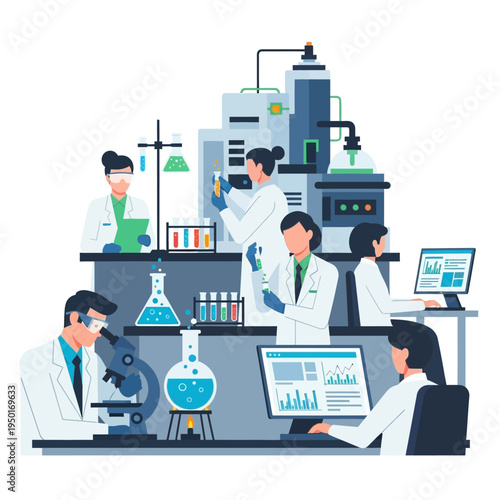 Scientists working in a modern laboratory with advanced equipment and computers