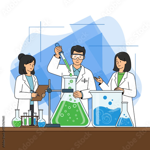 Scientists working in a laboratory with colorful liquids and equipment