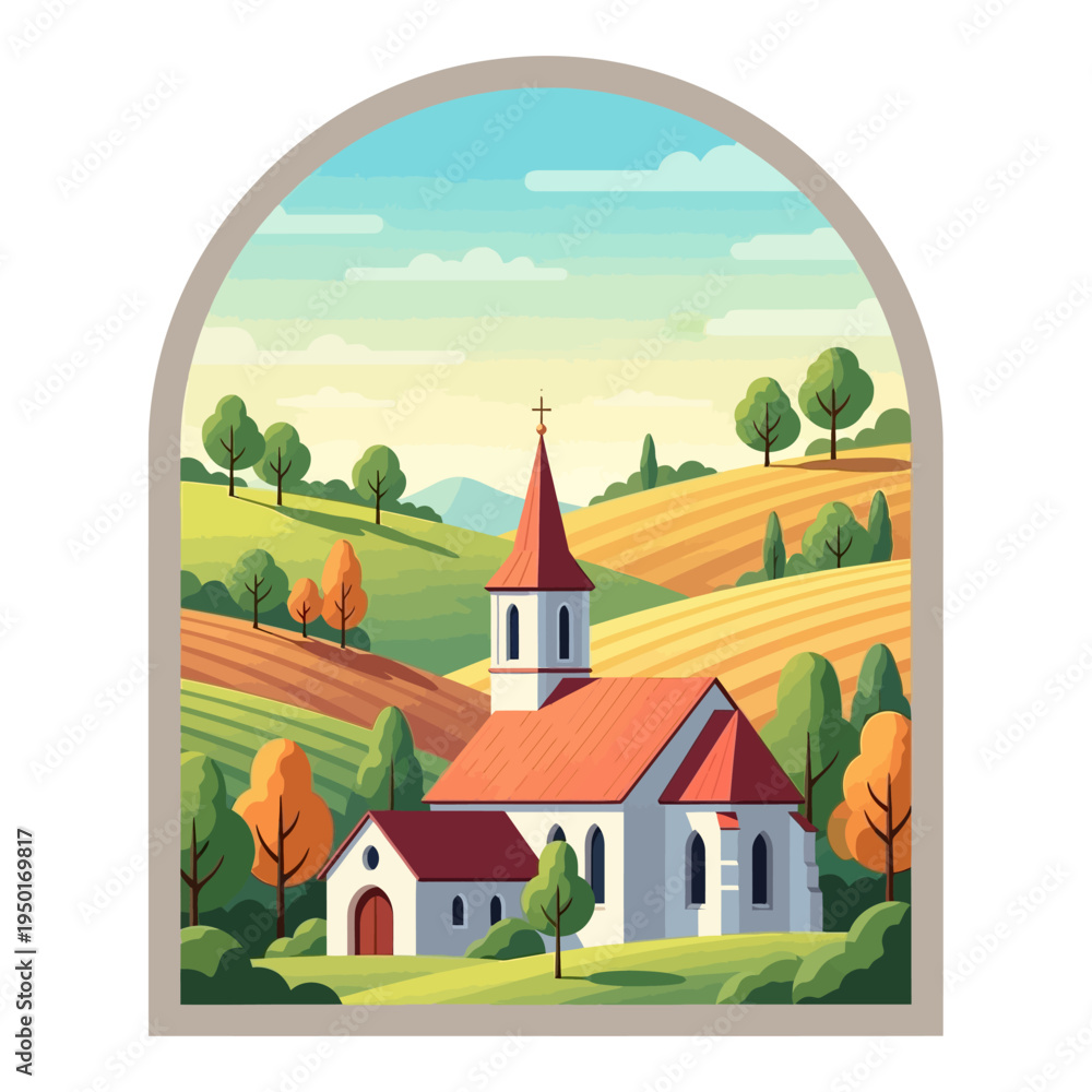 Naklejka premium Charming vector illustration of a serene rural church, red roof, steeple, nestled in rolling green hills, autumn trees, blue sky. Framed arch depicts peaceful countryside village charm