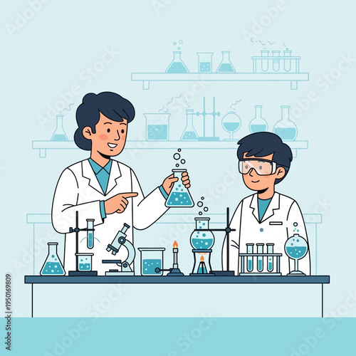 Students in lab coats conduct experiment with flasks and microscope, science education