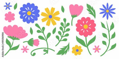 Colorful simplified floral arrangement with various bloom types and leaves