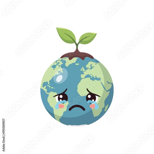 Vector graphic of a sad, crying Earth globe with a small plant sprout, symbolizing global environmental crisis, climate change, and urgent ecological conservation