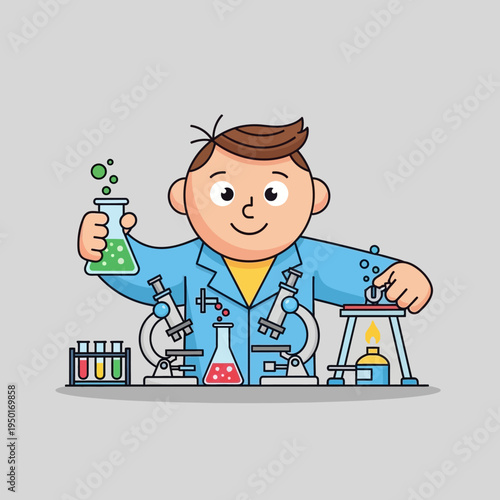 Young scientist boy in lab coat conducting experiment with flasks and microscopes
