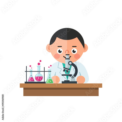 Young scientist boy in lab coat using microscope, colorful chemical liquids in flasks