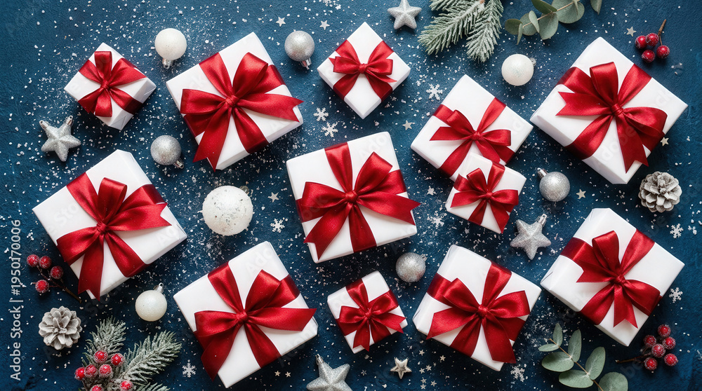 Fototapeta premium Festive Holiday Gifts with Red Ribbons and Decorative Elements on Dark Background