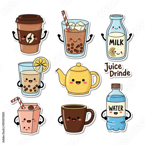 Cheerful set of cute cartoon beverage character stickers, showcasing happy coffee, milk, tea, juice, and water illustrations.