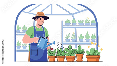 Greenhouse Gardener's Nurture: A dedicated gardener cultivates a vibrant assortment of plants within a greenhouse, pouring water and extending loving care.