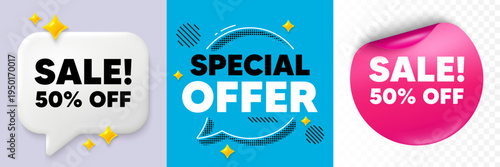 Sale speech bubble. 3d sparkles chat, Paper sticker. Sale 50 percent off discount. Promotion price offer sign. Retail badge symbol. Special offer bubble. Halftone dots pattern. Vector