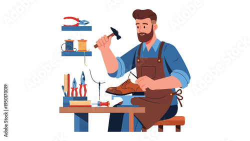 Shoemaker Crafting Excellence: A skilled artisan, absorbed in their craft, diligently hammers a needle into leather, reflecting dedication and precision