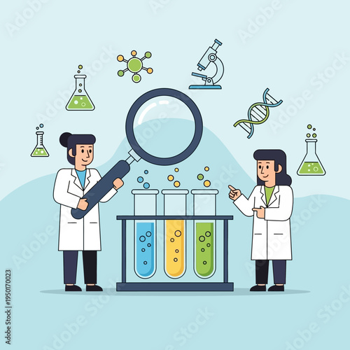 Scientists examining colorful liquids in test tubes with magnifying glass and microscope