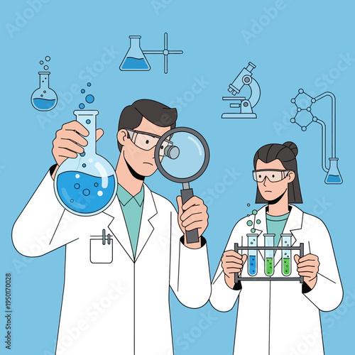 Scientists examining liquids in laboratory glassware, science research and discovery