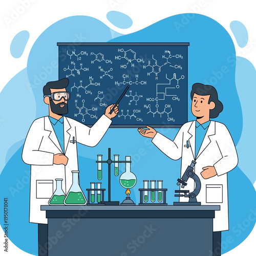 Scientists in Lab Coat Teaching Chemistry Formulas on Blackboard, Microscope and Beakers