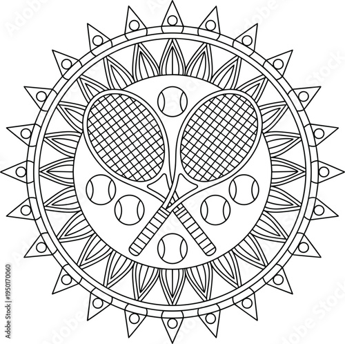 Decorative tennis mandala with crossed rackets and balls for coloring book page design