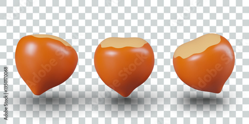 Appetizing hazelnut in 3D cartoon style. Hazelnut in different positions