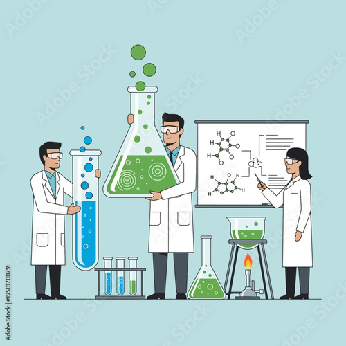 Scientists in Lab Coats Conduct Chemical Experiments with Flasks and Test Tubes