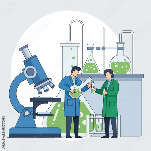 Scientists in lab coats conduct experiment with microscope and beakers, green liquid