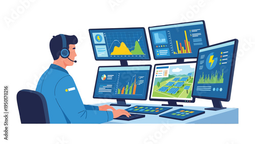 Energy Efficiency Analyst: An analyst examines a series of computer monitors displaying intricate energy data and patterns, revealing insights into optimization and sustainable resource management.