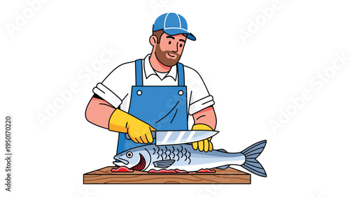 Fishmonger's Precision: A skilled fishmonger expertly prepares a fresh fish. He demonstrates the craft of the fish market. 