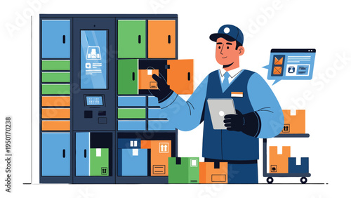 Logistics Professional in Action: A delivery person interacts with a secure package locker system. This illustrates the efficiency and convenience of modern delivery services.