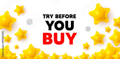 Try before you buy winner banner with 3d stars. Golden stars banner. Try before you buy tag. Special offer price sign. Advertising discounts symbol. Review rate background. Vector