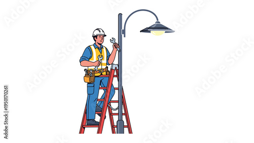 Electrician at Work: A skilled electrician diligently works to install or repair a street lamp, showcasing professional dedication and expertise.