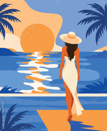 Summer vacation. Vector bright illustration, woman in a dress, standing by an infinity pool admiring sunset over ocean. Palm trees, ocean. For tourism, brochures, hotels, vacations, travel advertising