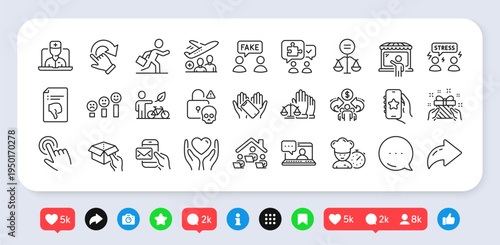 Gift, Work home and Puzzle line icons pack. Social media: share, comment, like icons. Friends chat, Difficult stress, Messenger mail web icon. Vector