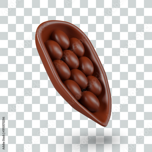 Open pod with cocoa beans. Aromatic ingredient for popular dishes and drinks, cosmetics